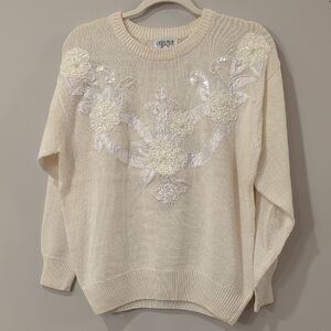 Vintage Sweater with Floral Embellishments Cream‎ Ramie Cotton size Small